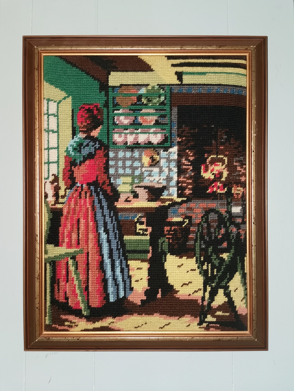 Framed Vintage Needlepoint Kitchen Scene - Multicolor